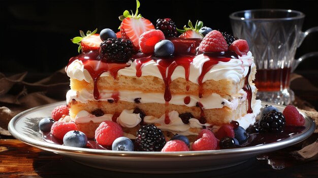 Torta di compleanno con frutti di bosco e biscotti copia spazio concetto di festa per bambini e adulti