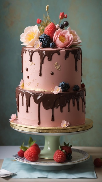 Torta di compleanno con frutti di bosco e macarons