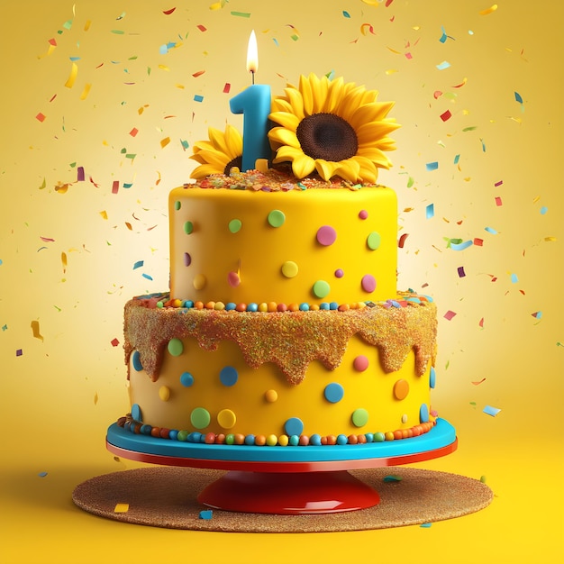 torta di compleanno con girasole e confetti isolati su sfondo giallo.