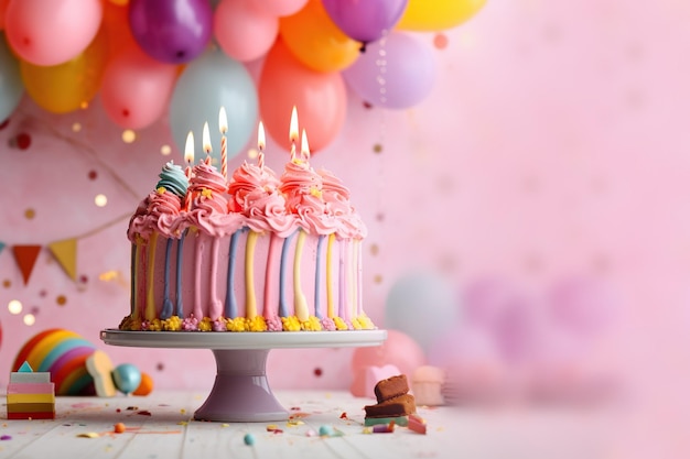 Torta di compleanno con glassa rosa e candele accese