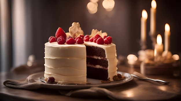 Torta di compleanno con lamponi e cioccolato su un tavolo di legno