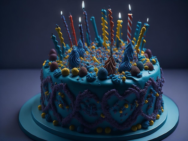 Torta di compleanno con le candele su sfondo blu