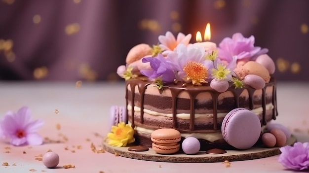 Torta di compleanno con le candele su sfondo sfocato rosa loro