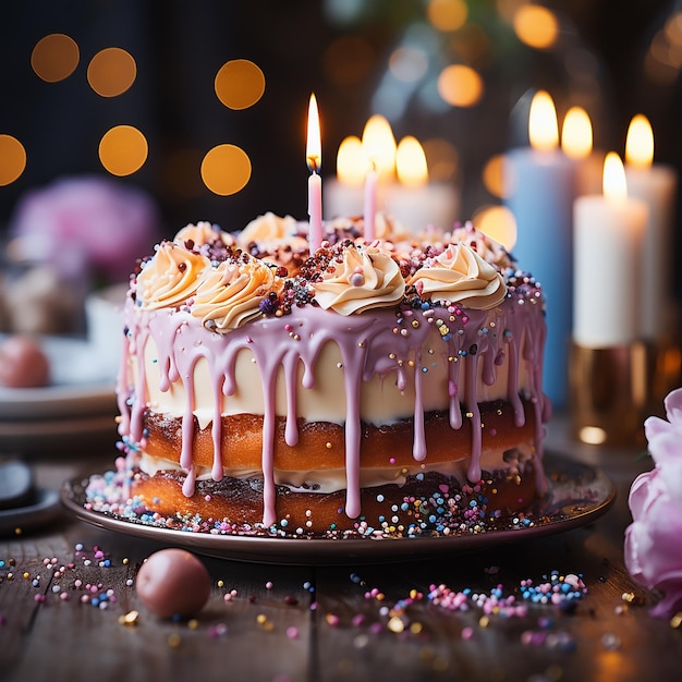 Torta di compleanno con le candele su sfondo sfocato rosa loro