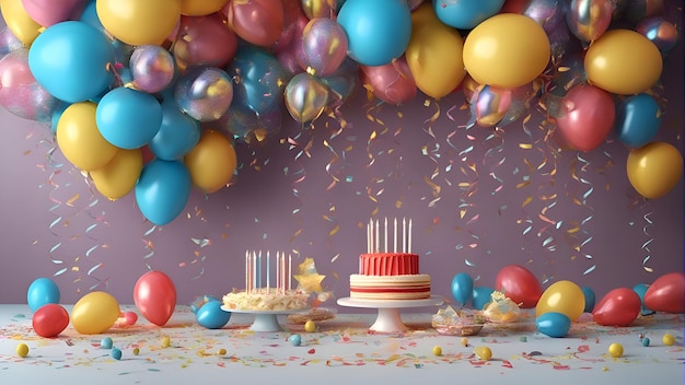 Torta di compleanno con palloncini colorati e coriandoli rendering 3d