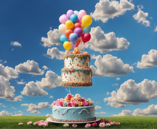 Torta di compleanno con palloncini colorati e fiori sull'erba verde sotto il cielo blu