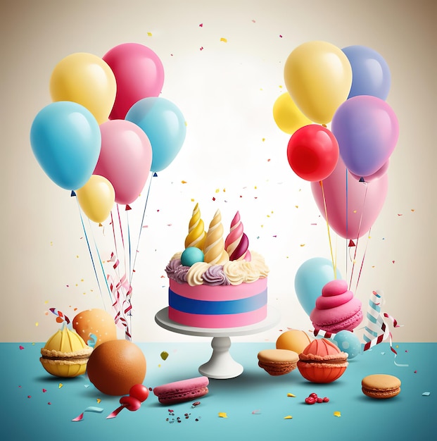 Torta di compleanno con palloncini colorati e sfondo di coriandoli con spazio per la copia