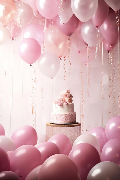 Torta di compleanno con palloncini rosa e coriandoli su sfondo pastello