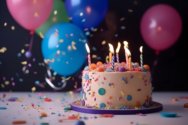 Torta di compleanno con sei candele sfocate palloncini colorati e coriandoli attorno alla rete neurale generata nel maggio 2023 Non basata su alcuna scena o modello reale