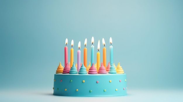 Torta di compleanno con sette candele su uno sfondo blu pastello