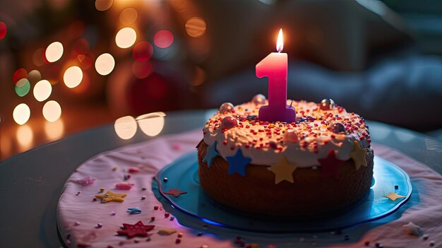 Torta di compleanno decorata e candela di compleanno numero uno