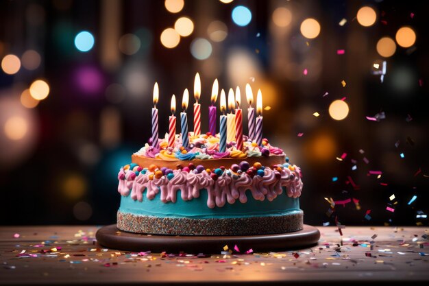 Torta Di Compleanno Festiva Con Candele Colorate AI Generativa