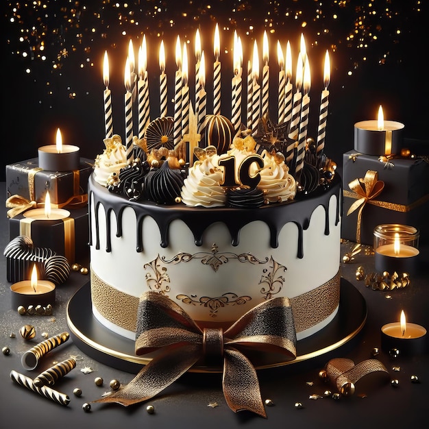 Torta di compleanno nera con candele d'oro su una cartolina di compleanno su sfondo nero