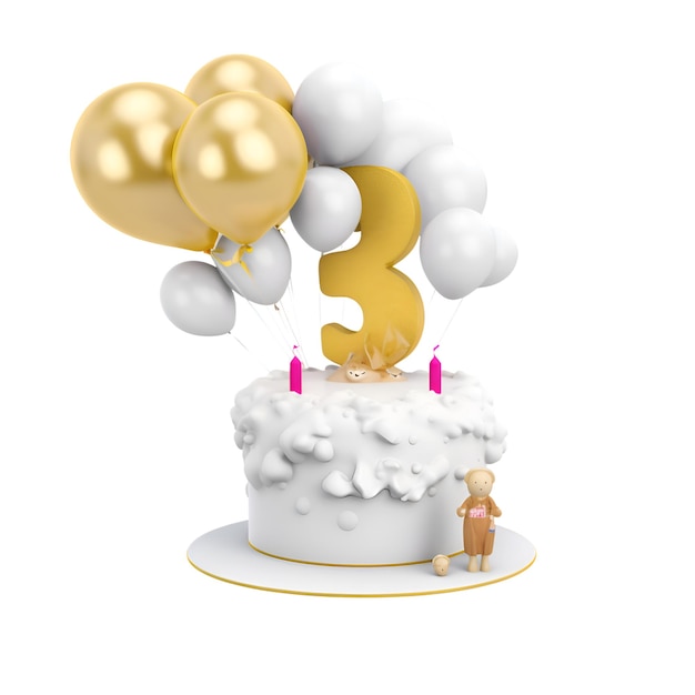 Torta di compleanno numero 3 con candele e palloncini Rendering 3D