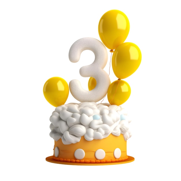 Torta di compleanno numero 3 con palloncini gialli e nuvole bianche Rendering 3D