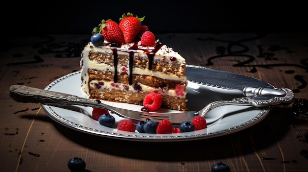 Torta di compleanno pezzo di torta su un coltello da piatto