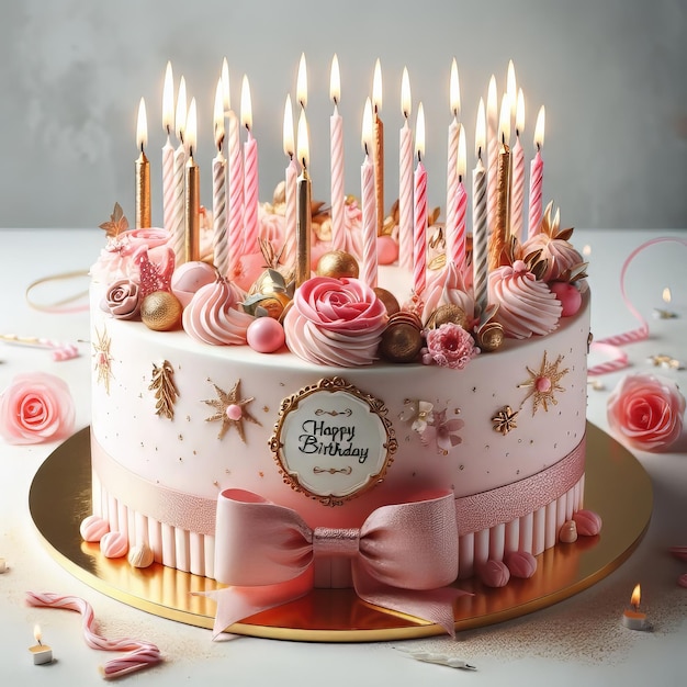Torta di compleanno rosa con candele d'oro su una cartolina di sfondo bianco felice compleanno