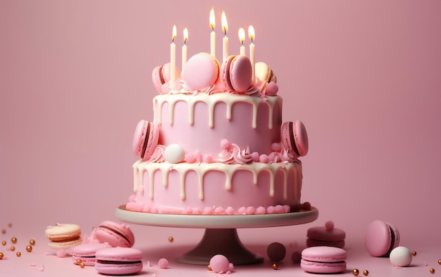 Torta di compleanno rosa dolcemente decorata IA generativa