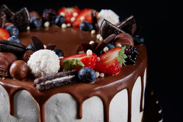 Torta di compleanno su sfondo scuro Primo piano di torta decorata con frutti di bosco freschi e dolci al cioccolato