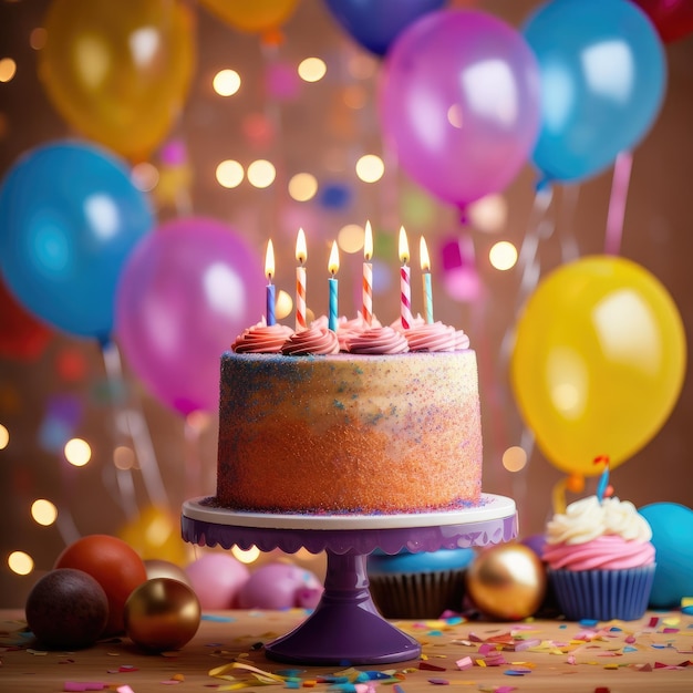 Torta di compleanno su uno sfondo colorato di palloncini AI generativa