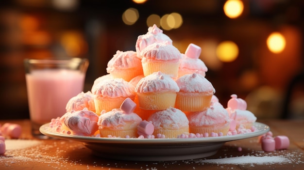 Torta di Cotton Candy Marshmallows su un piatto in sfocatura dello sfondo