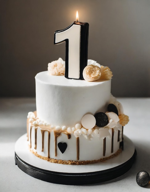 Torta di crema di compleanno festiva bambino di un anno numero 1 celebrazione dell'anniversario di un anno Cibi dolci