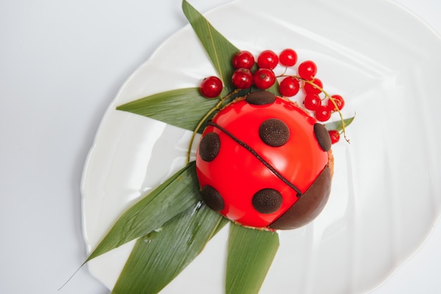 Torta di design a forma di coccinella su sfondo bianco