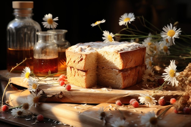 Torta di farina di grano di legno con altri sapori di torta sullo sfondo con IA generativa del ramo di grano