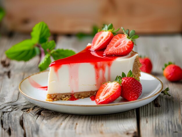 Torta di formaggio a fragole a forma di triangolo con salsa rossa sul piatto bianco su un accogliente tavolo di legno