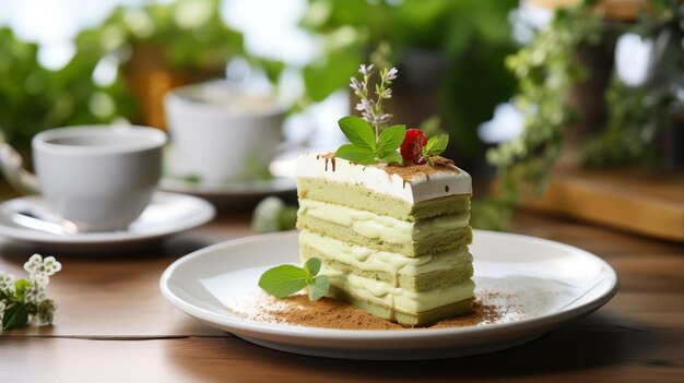 torta di formaggio al tè verde matcha sul tavolo in un caffè con due tazze di cappuccino