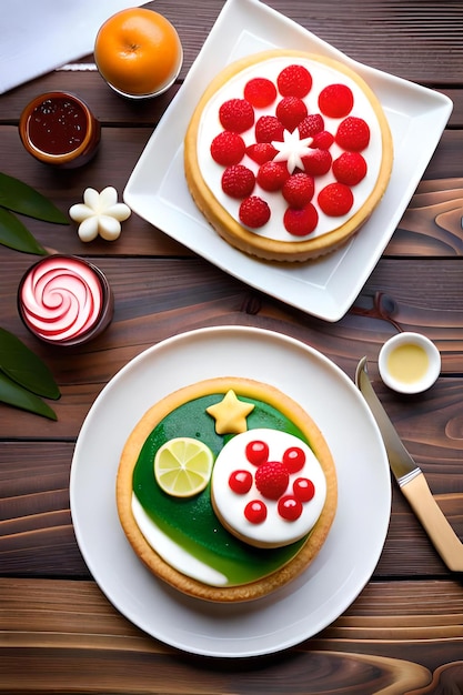 torta di formaggio colorata con guarnizione fruttata sul tavolo di legno