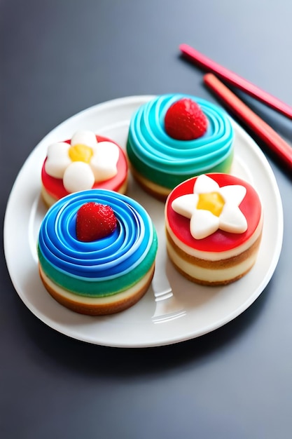 torta di formaggio colorata con guarnizione fruttata sul tavolo di legno