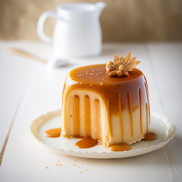 torta di formaggio con salsa al caramello su immagini di illustrazione di sfondo di legno