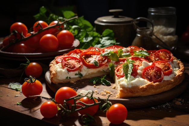 Torta di formaggio di capra con pomodorini generativa IA