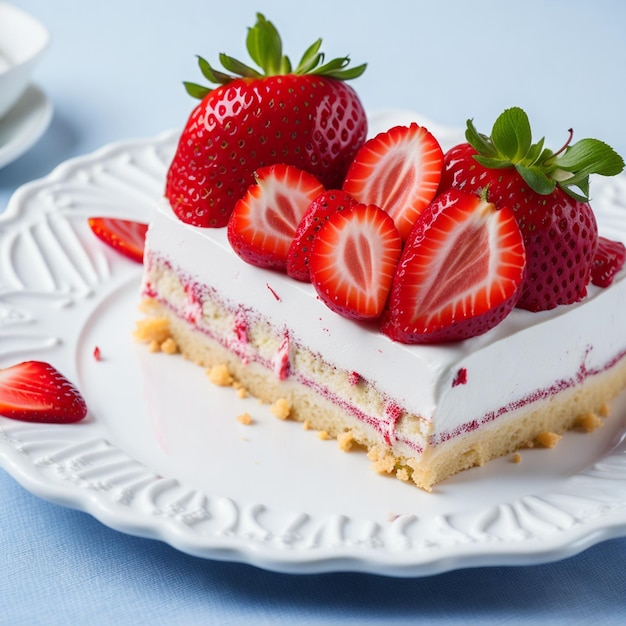 Torta di fragole con panna montata e fragole fresche su piatto bianco AI Generato