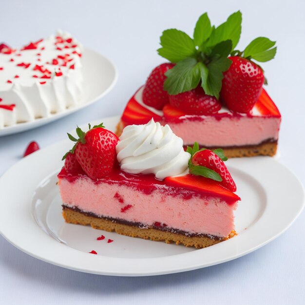 Torta di fragole con panna montata e fragole fresche su piatto bianco AI Generato