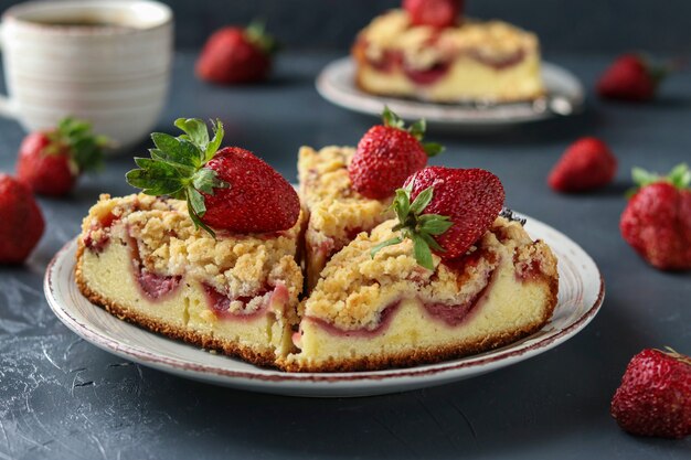 Torta di fragole fatta in casa a fette con shtreisel sul piatto bianco su uno sfondo di cemento scuro