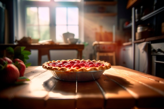 Torta di fragole fatta in casa al forno su tavolo in legno rustico cucina sfondo Fuoco selettivo generato dall'intelligenza artificiale