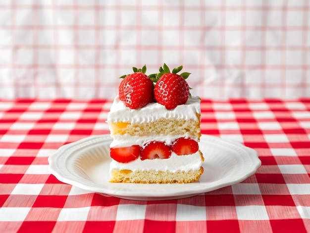 Torta di fragole giapponese a forma di triangolo sul piatto bianco su rosso e bianco a scacchi