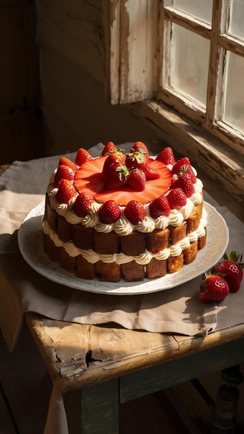 Torta di fragole su un tavolo di legno