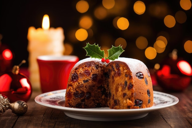 Torta di frutta al budino di Natale con sfondo di decorazioni natalizieDolce festivo tradizionale