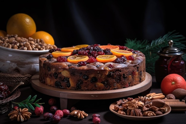 Torta di frutta tradizionale con frutta secca e spezie visibili creata con ai generativa