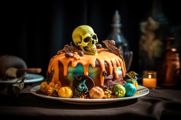 Torta di Halloween con crema all'arancia decorata con teschio su legno rustico e sfondo scuro con candele ai generative