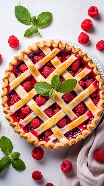 Torta di lamponi fatta in casa con lamponi freschi su un tavolo bianco in cucina a vista piatta Traditiona