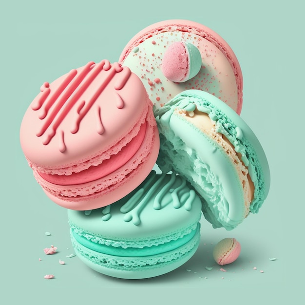 Torta di macaron o maccherone pila su sfondo menta menta colorata e biscotti di mandorla rosa colori pastello