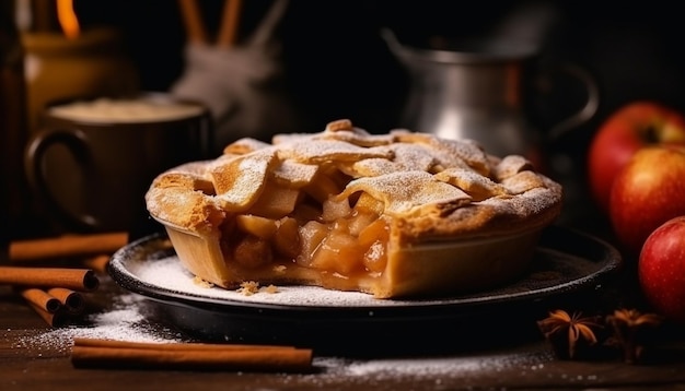 Torta di mele appena sfornata sulla tavola di legno rustica generata da AI