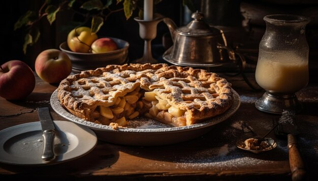 Torta di mele appena sfornata sulla tavola di legno rustica pronta da mangiare indulgenza generata dall'intelligenza artificiale