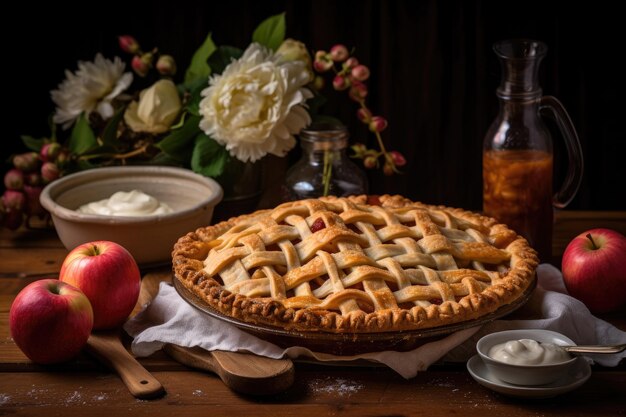 Torta di mele con cannella e mele su uno sfondo rustico scuro