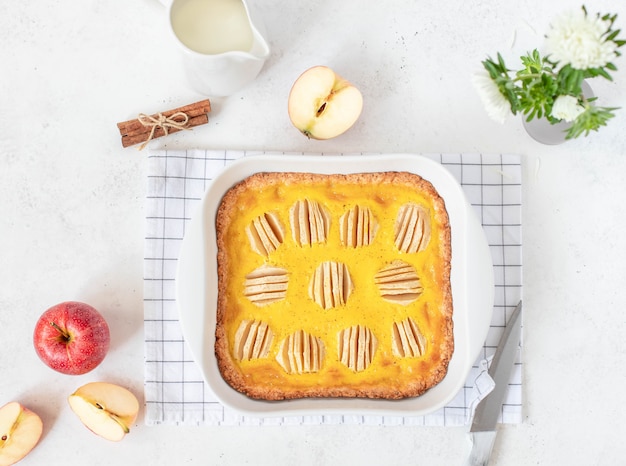 Torta di mele con cannella su uno sfondo chiaro