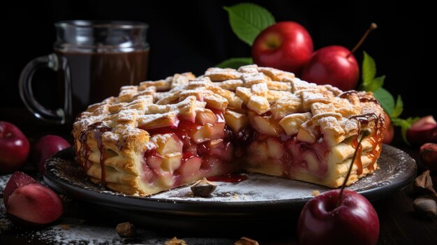 torta di mele con mele a fette su un piatto con sfondo sfocato